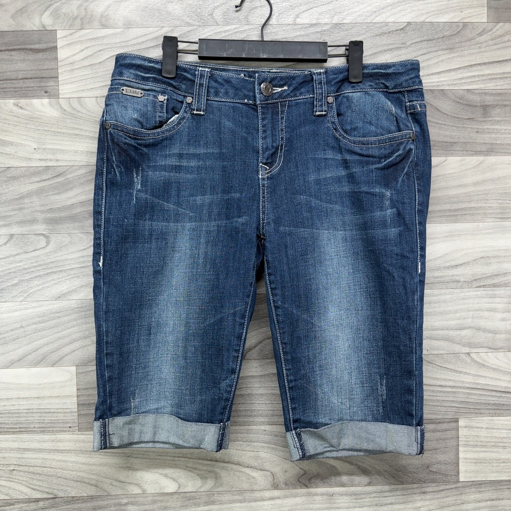 L.A Idol Cuffed Bermuda Shorts Women 13 Blue Denim Distressed 5 Pocket Dark Wash